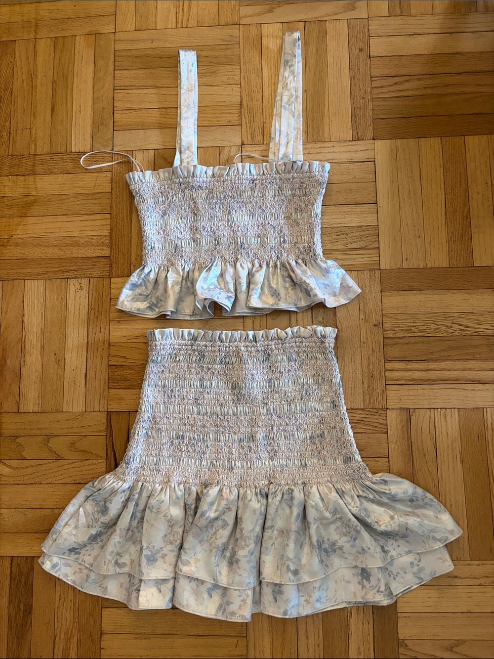 Likely Smocked Two-Piece Floral Dress Set in Light Blue